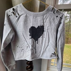 Gray Cropped Sweatshirt with Black Heart Design